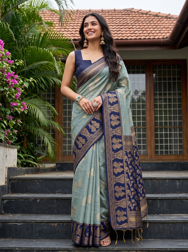 MIMOSA Grey Banarasi Saree — front view on mannequin