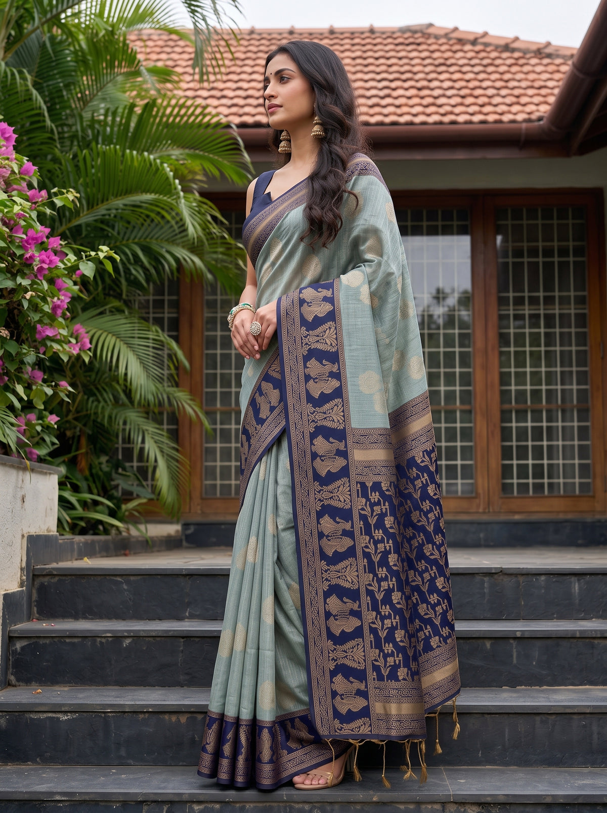 MIMOSA Grey Banarasi Saree — pose 3 styling detail