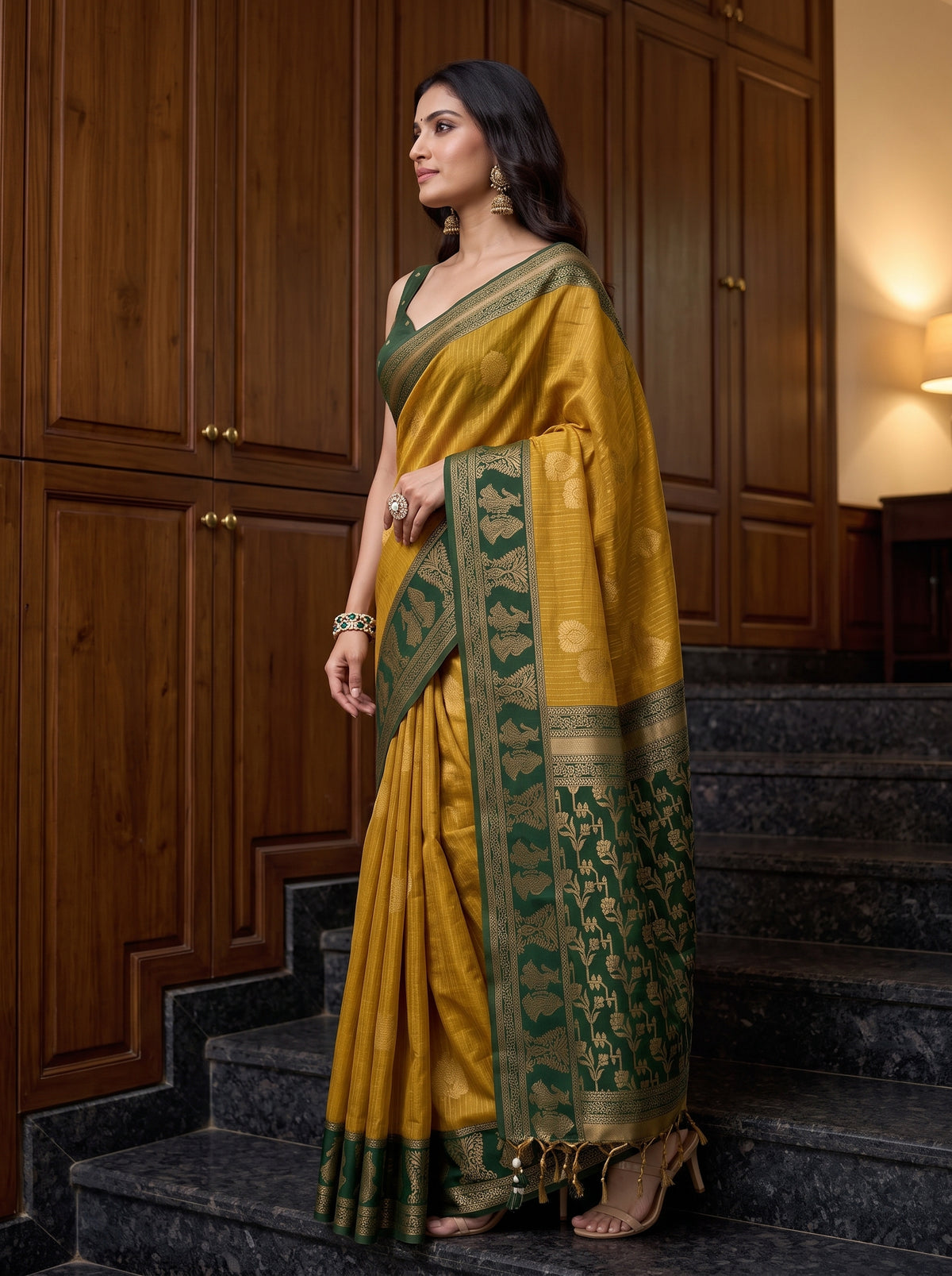 MIMOSA Mustard Banarasi Saree — pose 3 styling detail