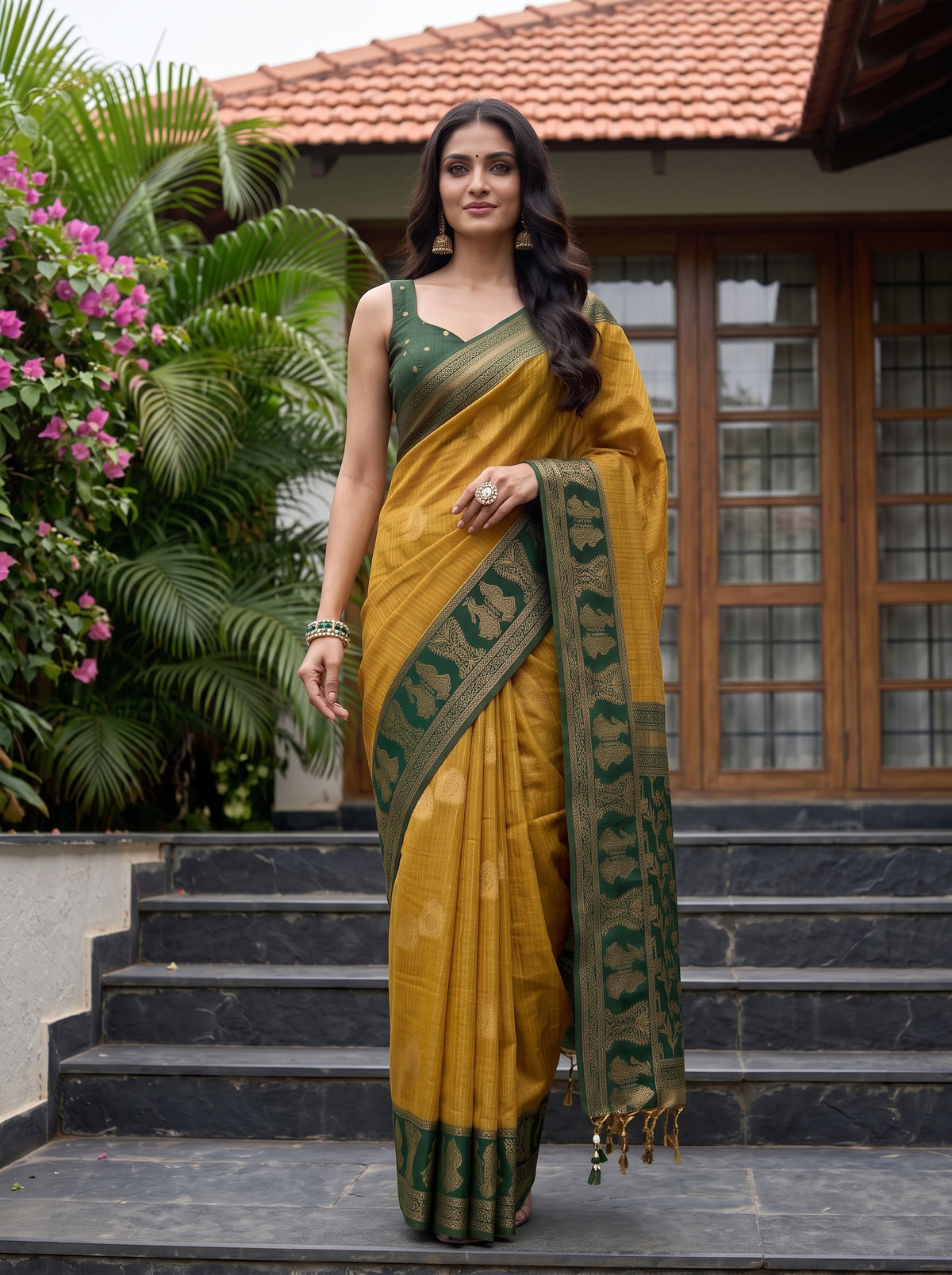 MIMOSA Mustard Banarasi Saree — pose 6 styling detail