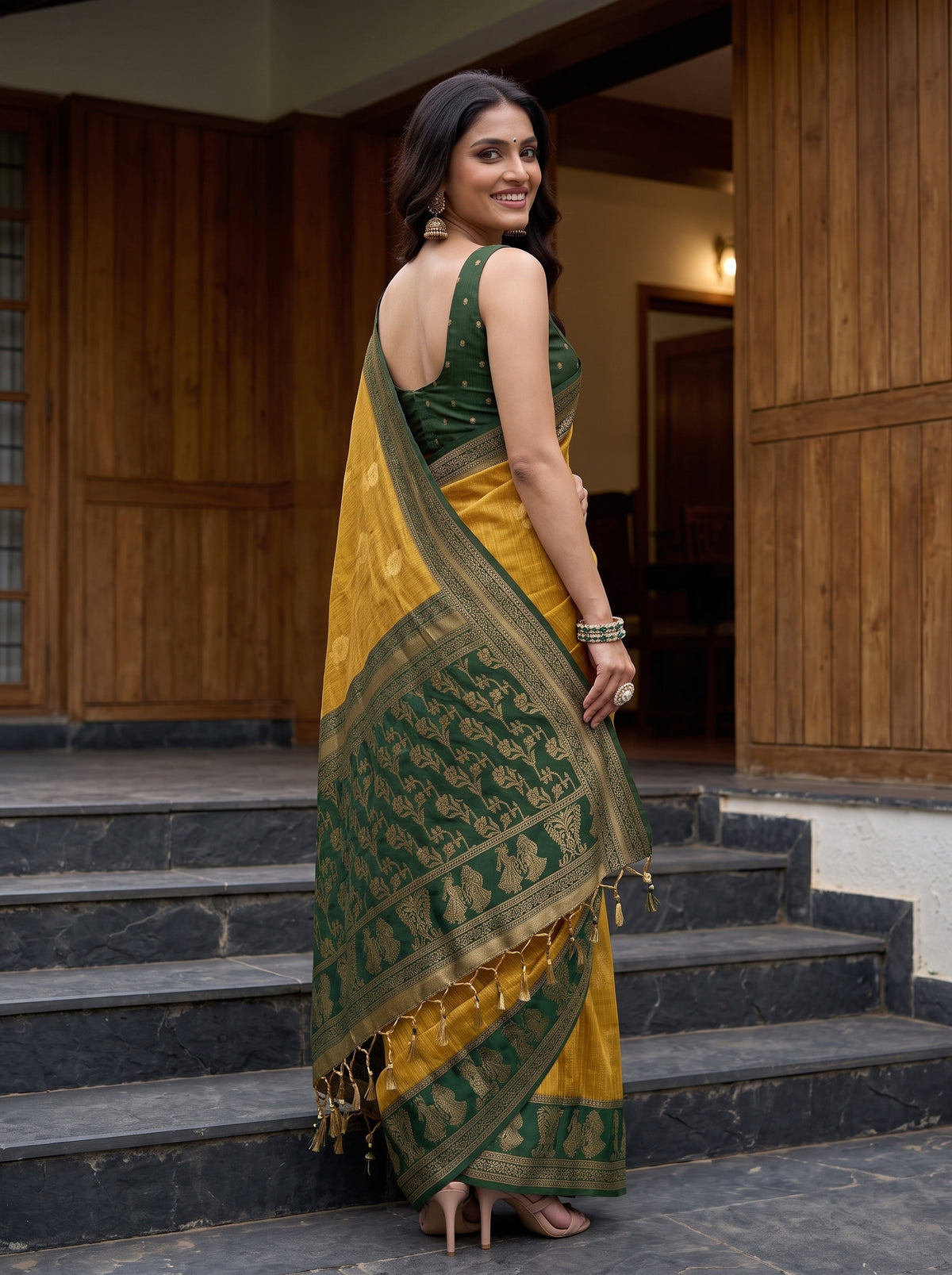 MIMOSA Mustard Banarasi Saree — pose 7 styling detail