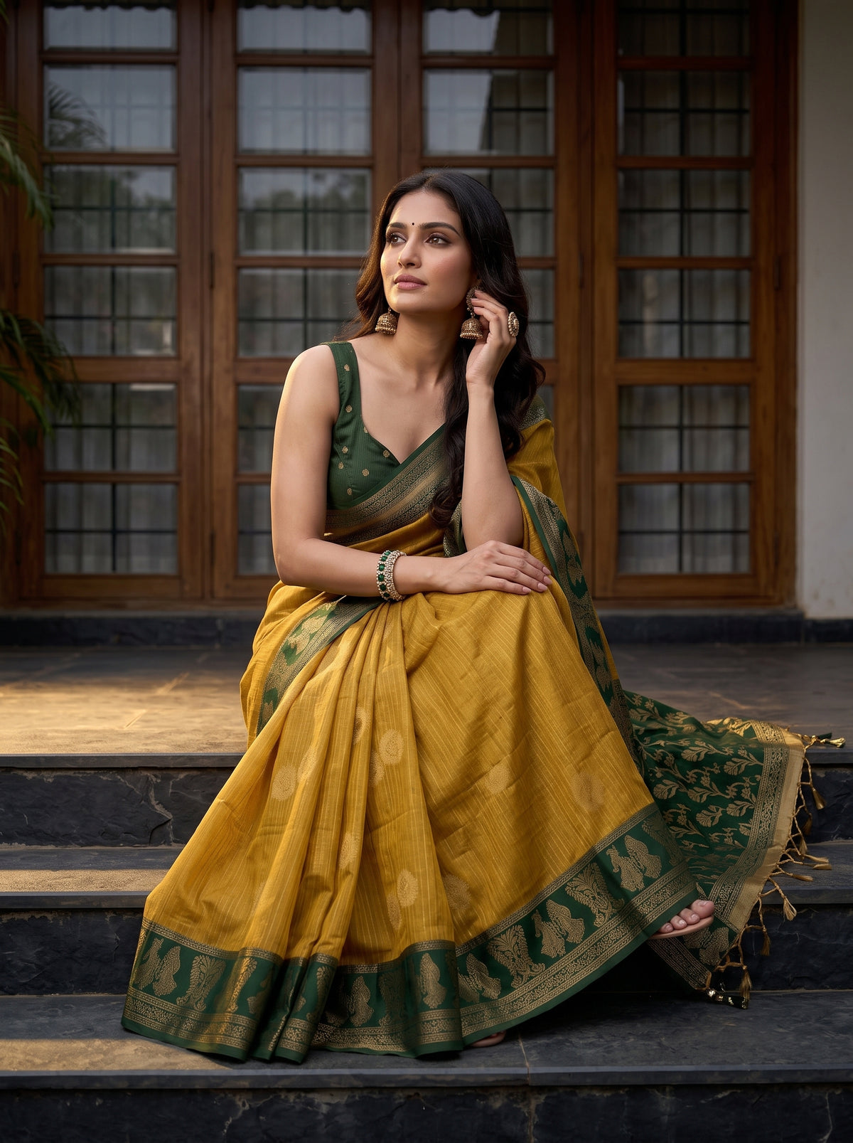 MIMOSA Mustard Banarasi Saree — pose 8 styling detail