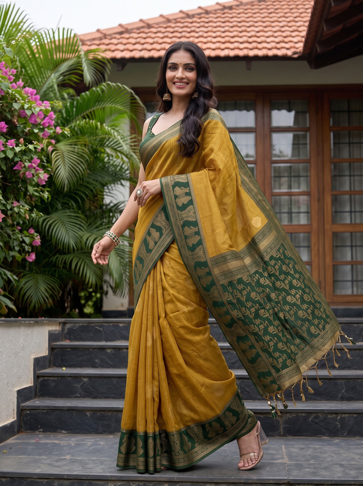 MIMOSA Mustard Banarasi Saree — pose 9 styling detail