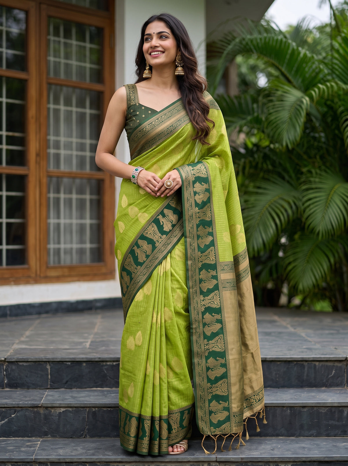 MIMOSA Parrot Green Banarasi Saree — front view on mannequin
