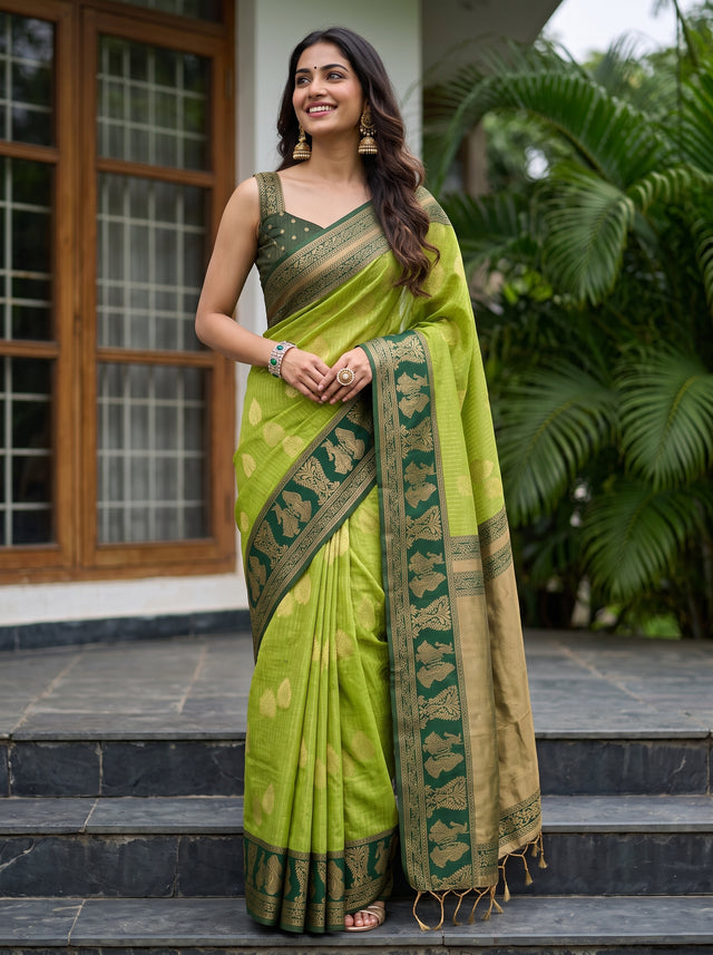 MIMOSA Parrot Green Banarasi Saree — front view on mannequin