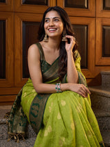 MIMOSA Parrot Green Banarasi Saree — pose 10 styling detail