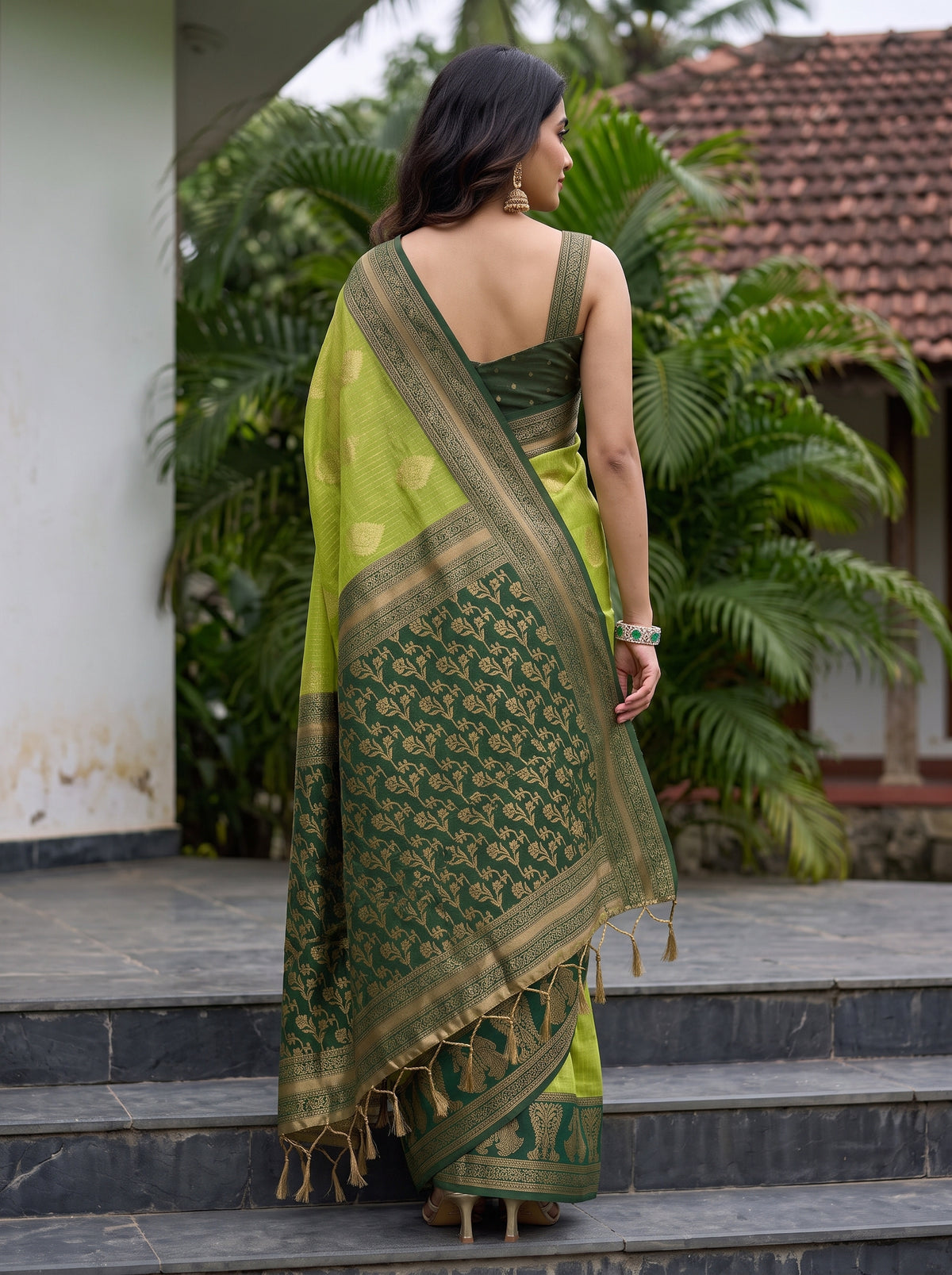 MIMOSA Parrot Green Banarasi Saree — pose 2 styling detail