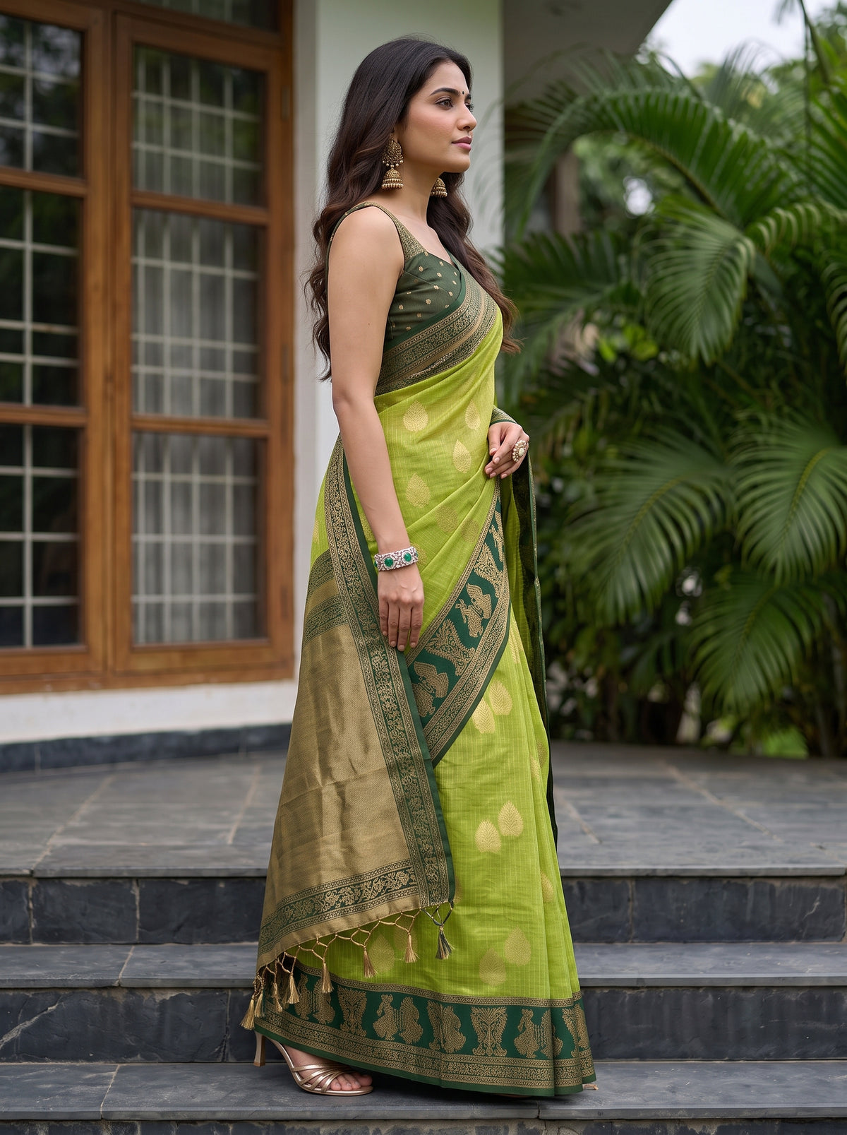 MIMOSA Parrot Green Banarasi Saree — pose 3 styling detail