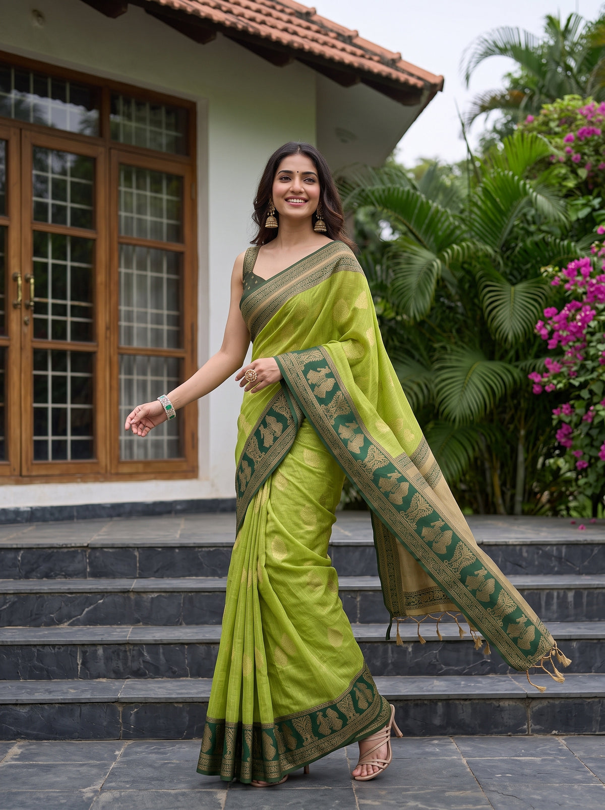 MIMOSA Parrot Green Banarasi Saree — pose 9 styling detail