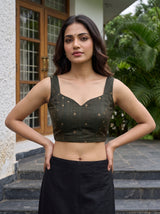 MIMOSA Parrot Green Banarasi Saree — blouse close-up