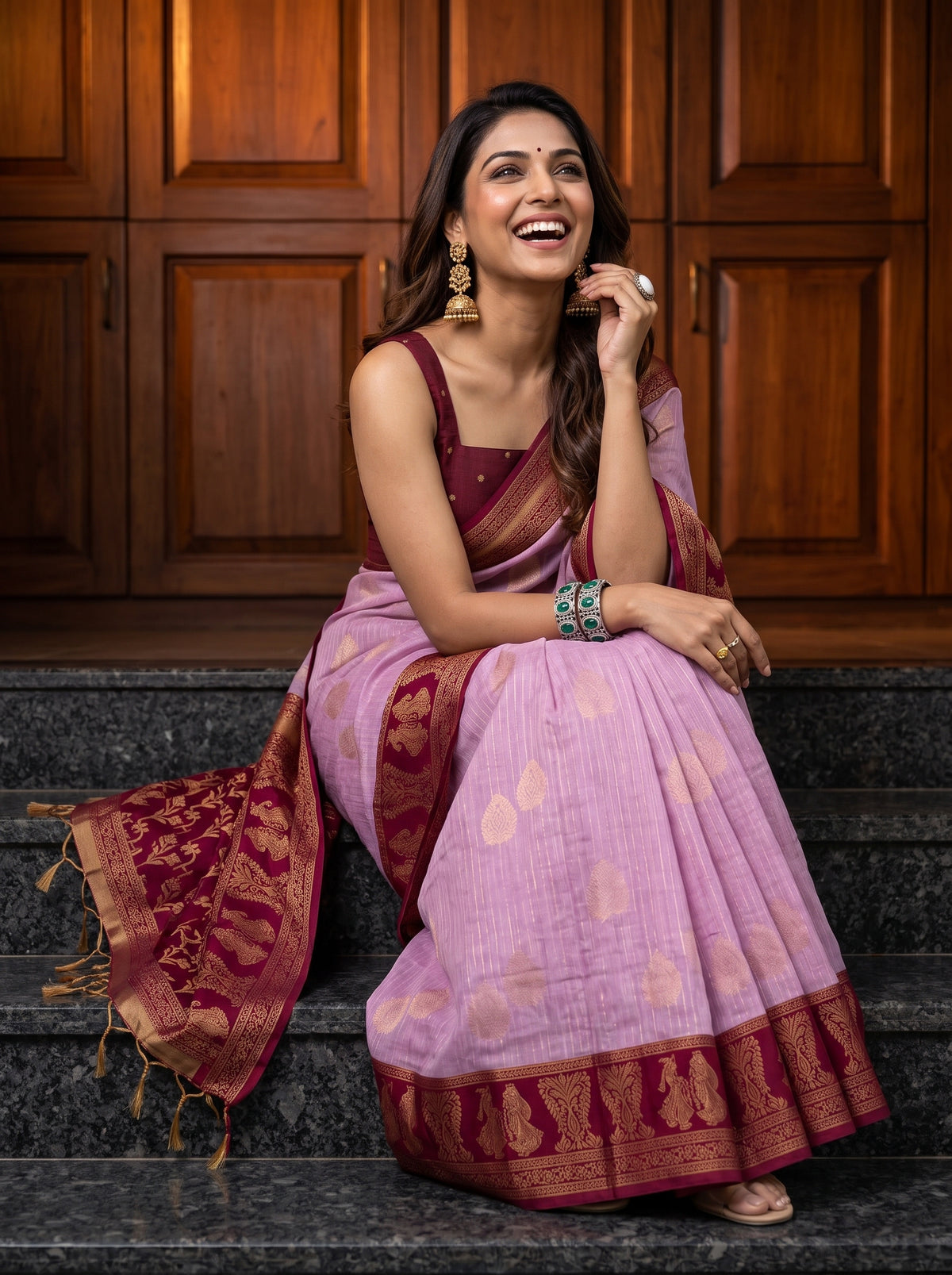 MIMOSA Pink Banarasi Saree — pose 10 styling detail