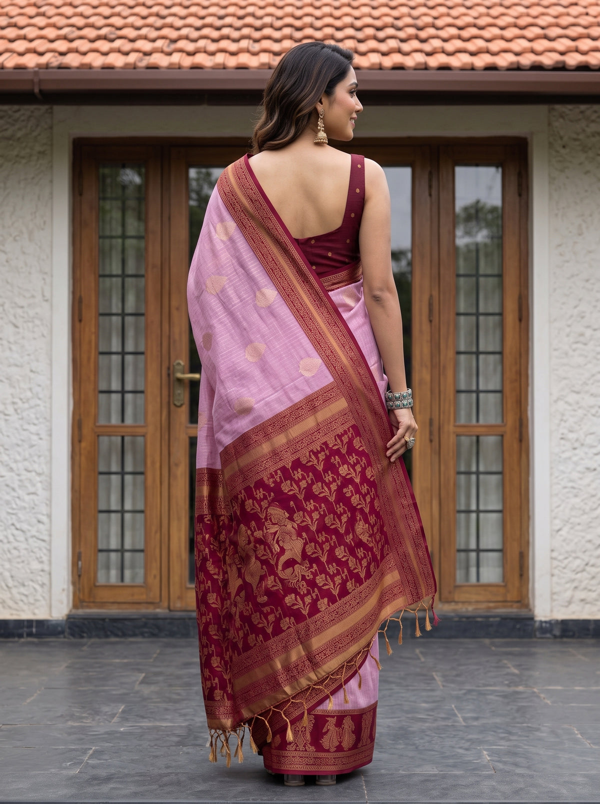 MIMOSA Pink Banarasi Saree — pose 2 styling detail