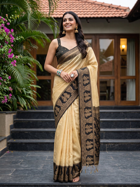 MIMOSA Tussar Banarasi Saree — front view on mannequin