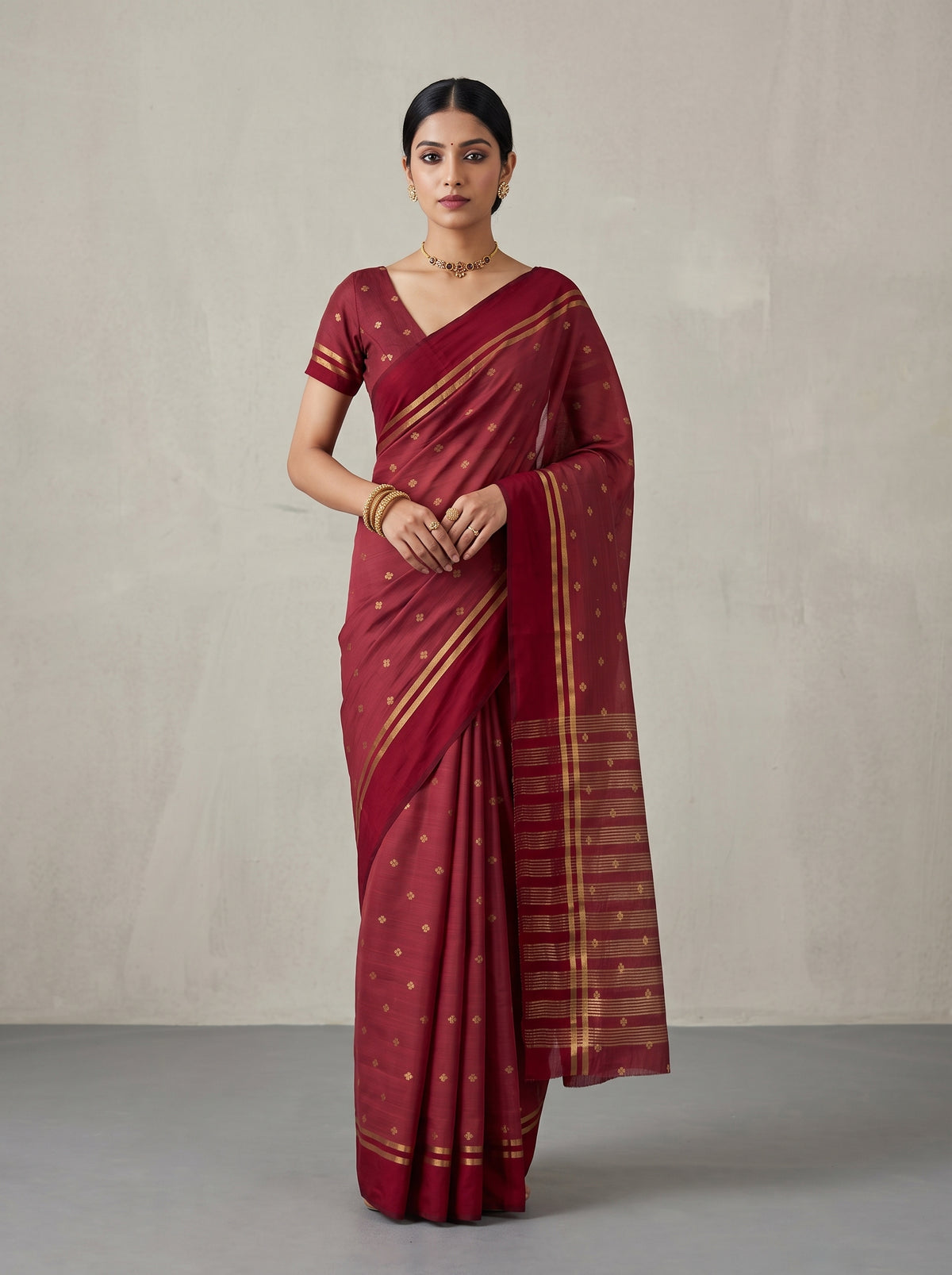 MIMOSA Maroon Bhagalpuri Tussar silk Tussar Silk Saree — AI Model lifestyle pose