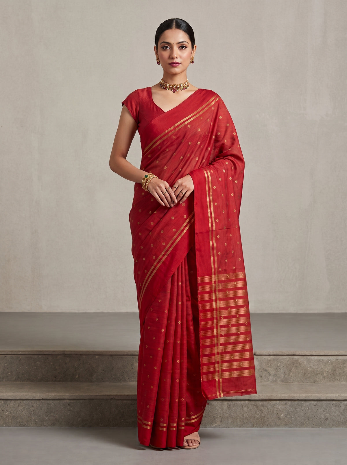 MIMOSA Red Bhagalpuri Tussar silk Tussar Silk Saree — AI Model lifestyle pose