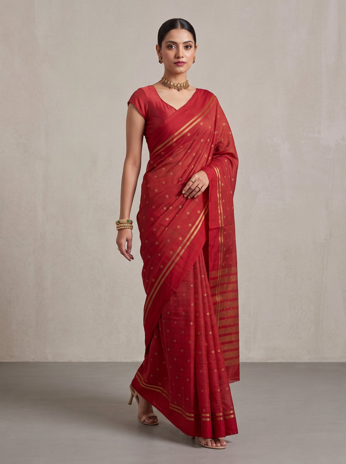 MIMOSA Red Bhagalpuri Tussar silk Tussar Silk Saree — pose 6 styling detail