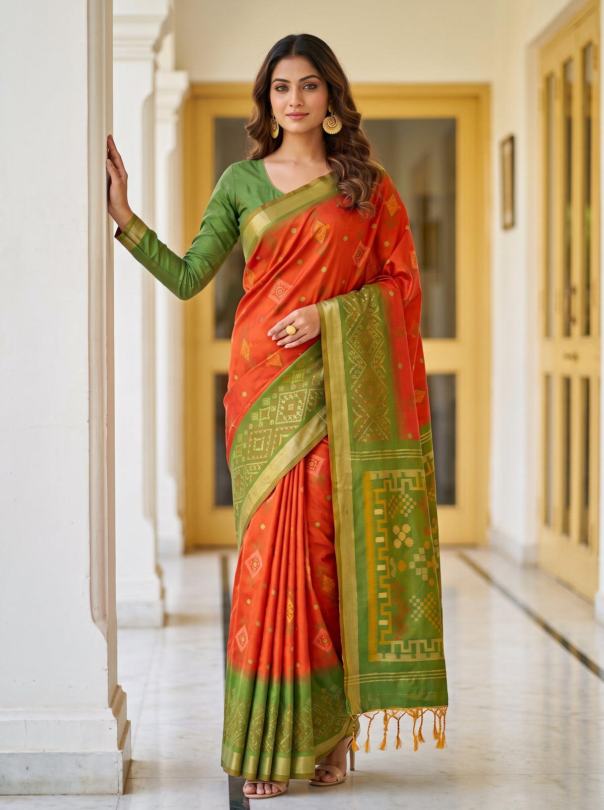 MIMOSA Orange Pochampally Saree — front view on mannequin