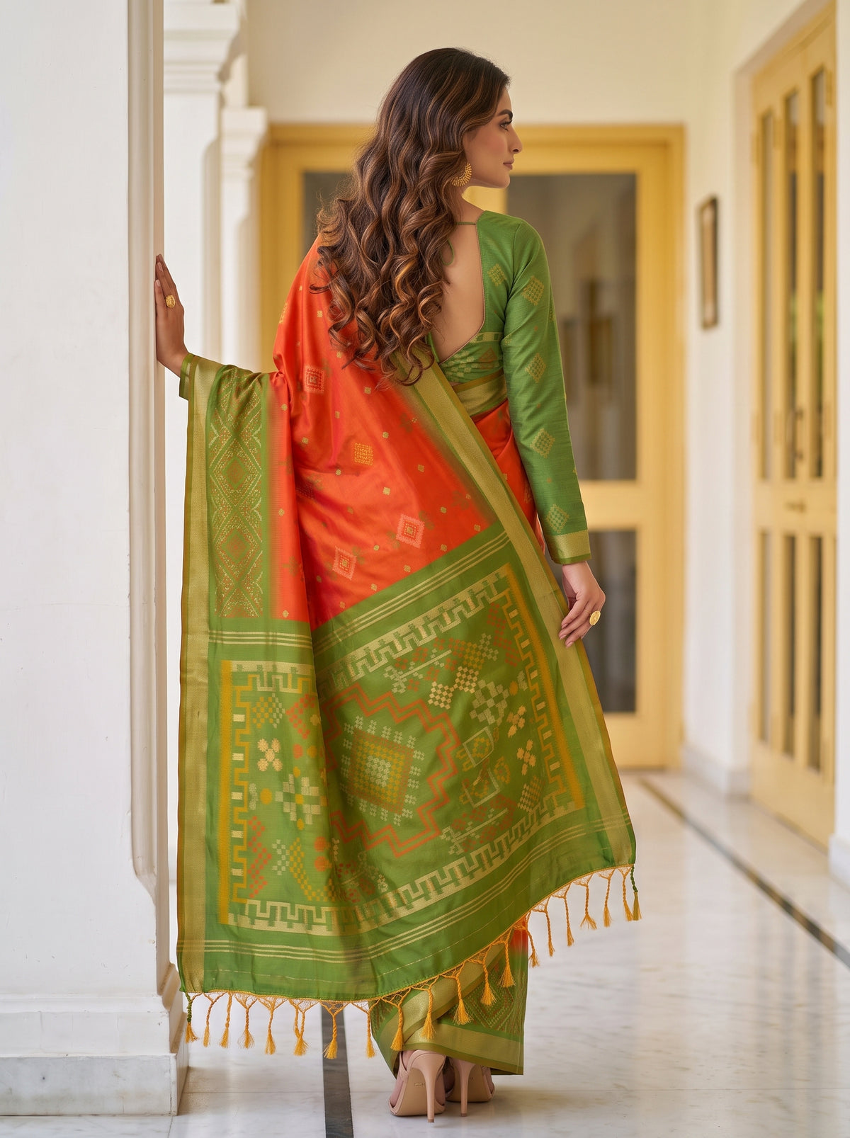 MIMOSA Orange Pochampally Saree — pose 2 styling detail