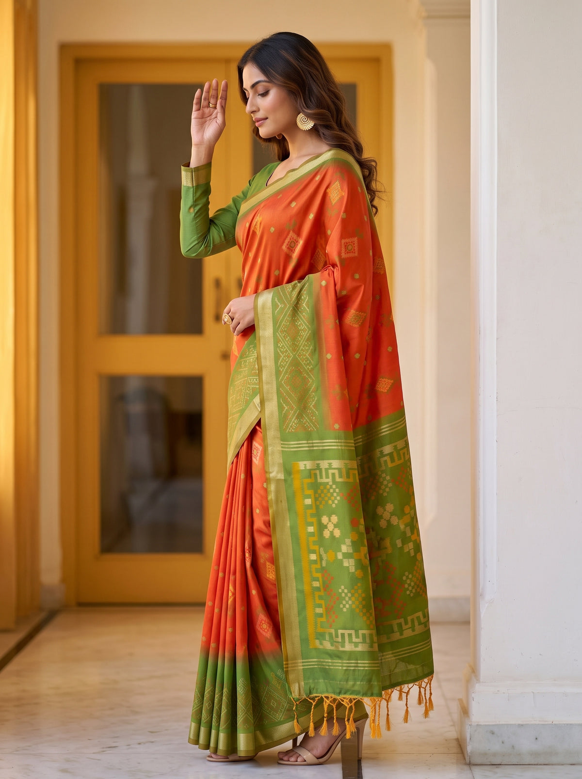 MIMOSA Orange Pochampally Saree — pose 3 styling detail