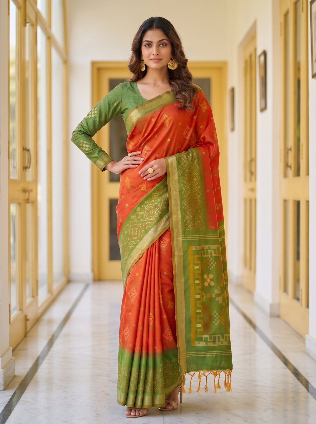 MIMOSA Orange Pochampally Saree — pose 4 styling detail