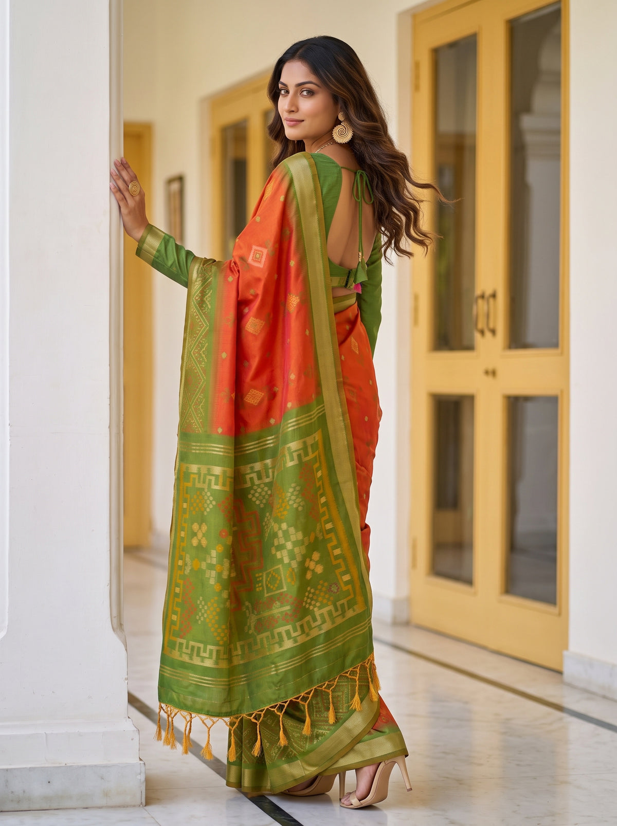 MIMOSA Orange Pochampally Saree — pose 5 styling detail
