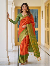 MIMOSA Orange Pochampally Saree — pose 6 styling detail