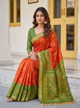 MIMOSA Orange Pochampally Saree — pose 8 styling detail