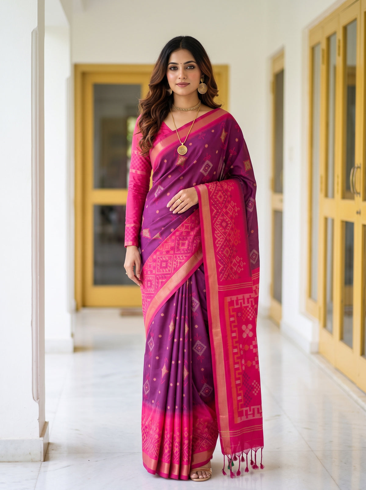 MIMOSA Wine Pochampally Saree — front view on mannequin