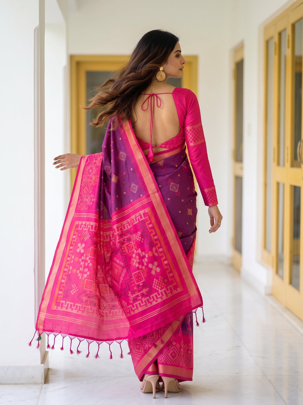 MIMOSA Wine Pochampally Saree — pose 2 styling detail