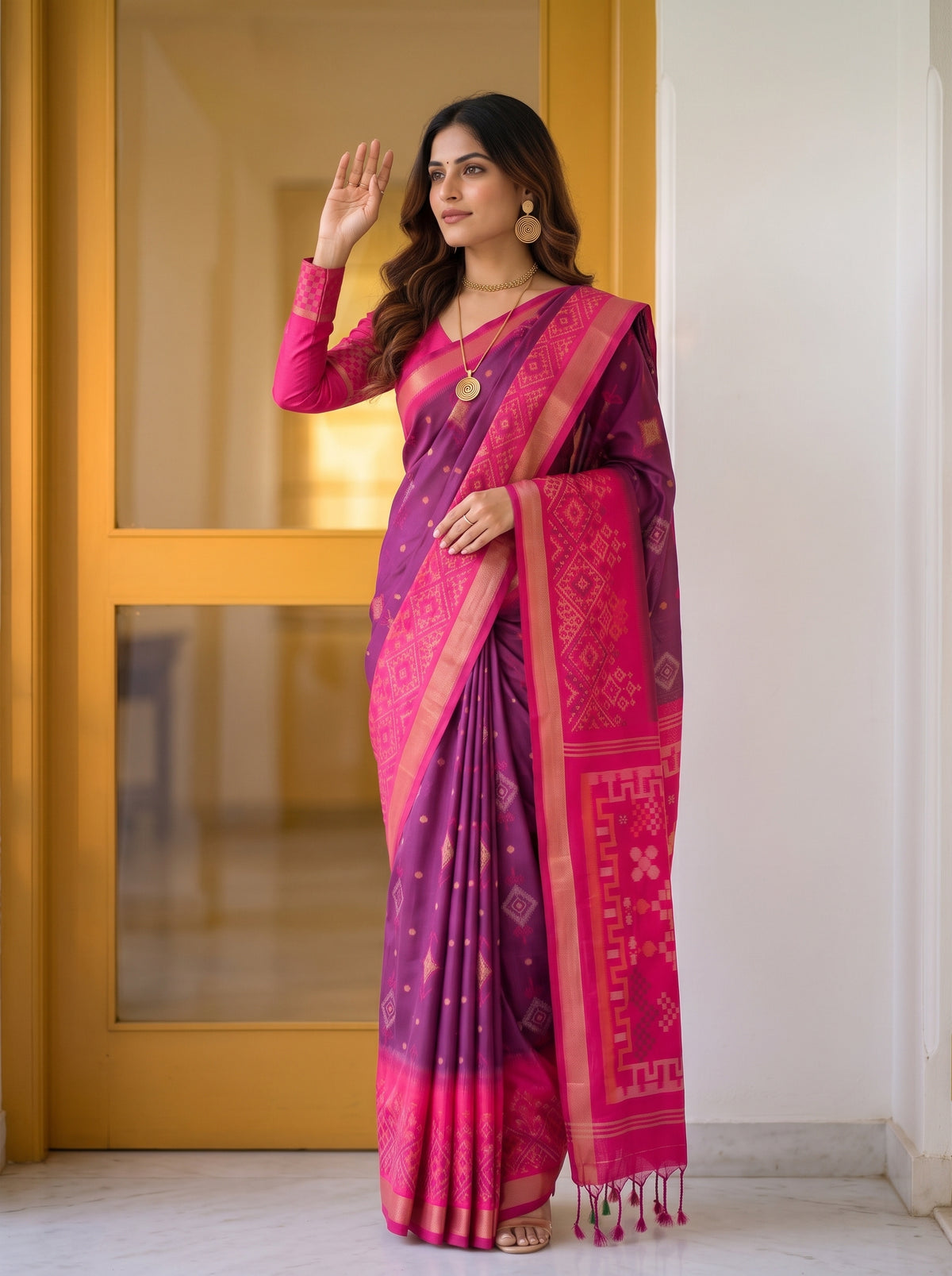 MIMOSA Wine Pochampally Saree — pose 3 styling detail