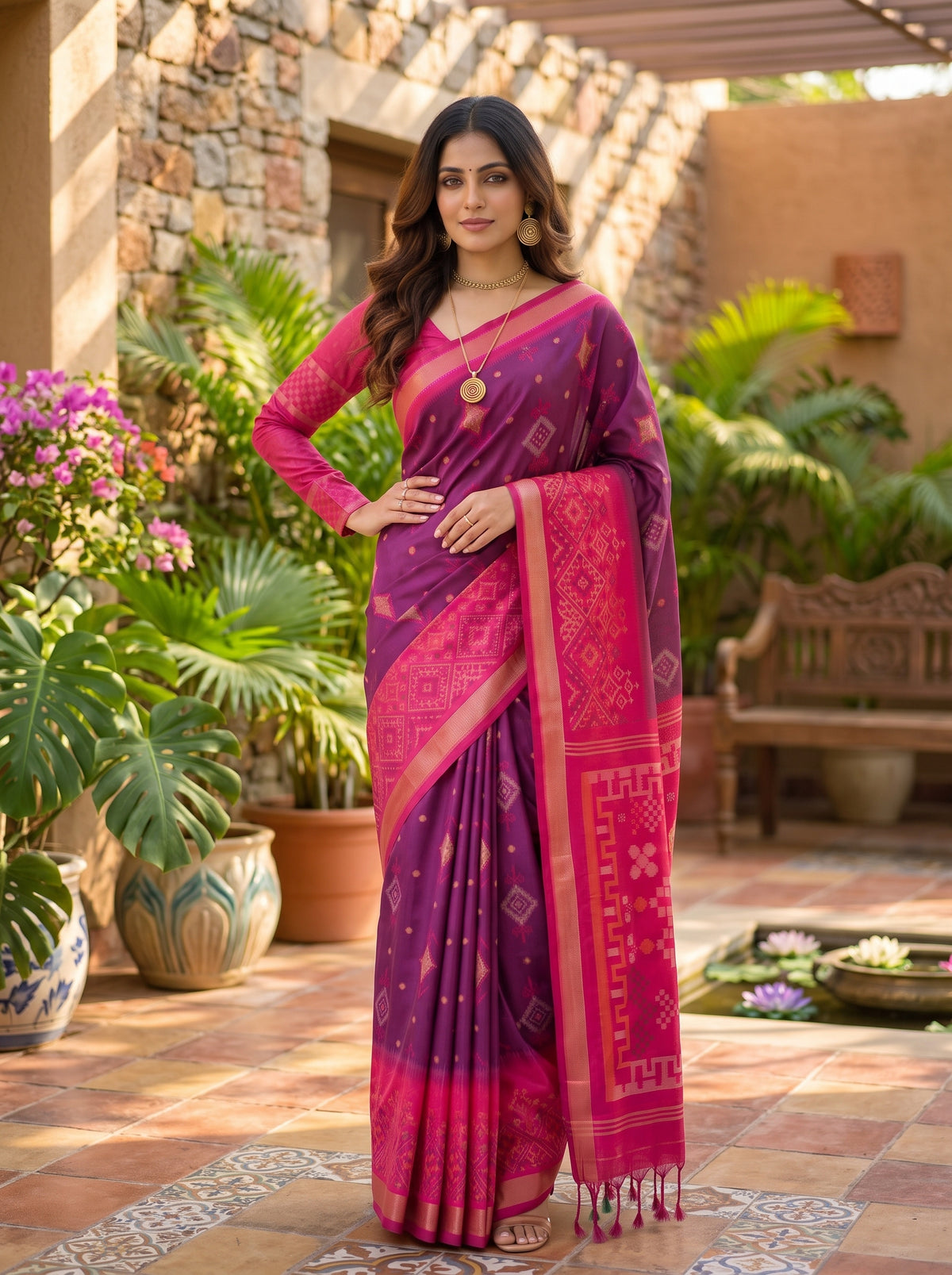 MIMOSA Wine Pochampally Saree — pose 4 styling detail