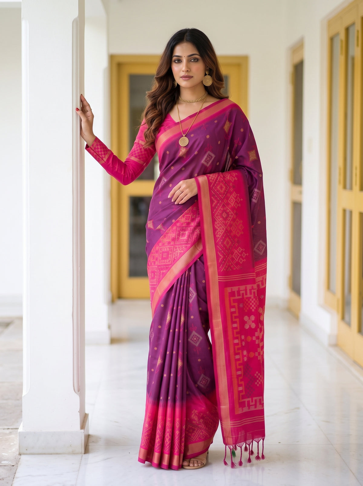 MIMOSA Wine Pochampally Saree — pose 5 styling detail