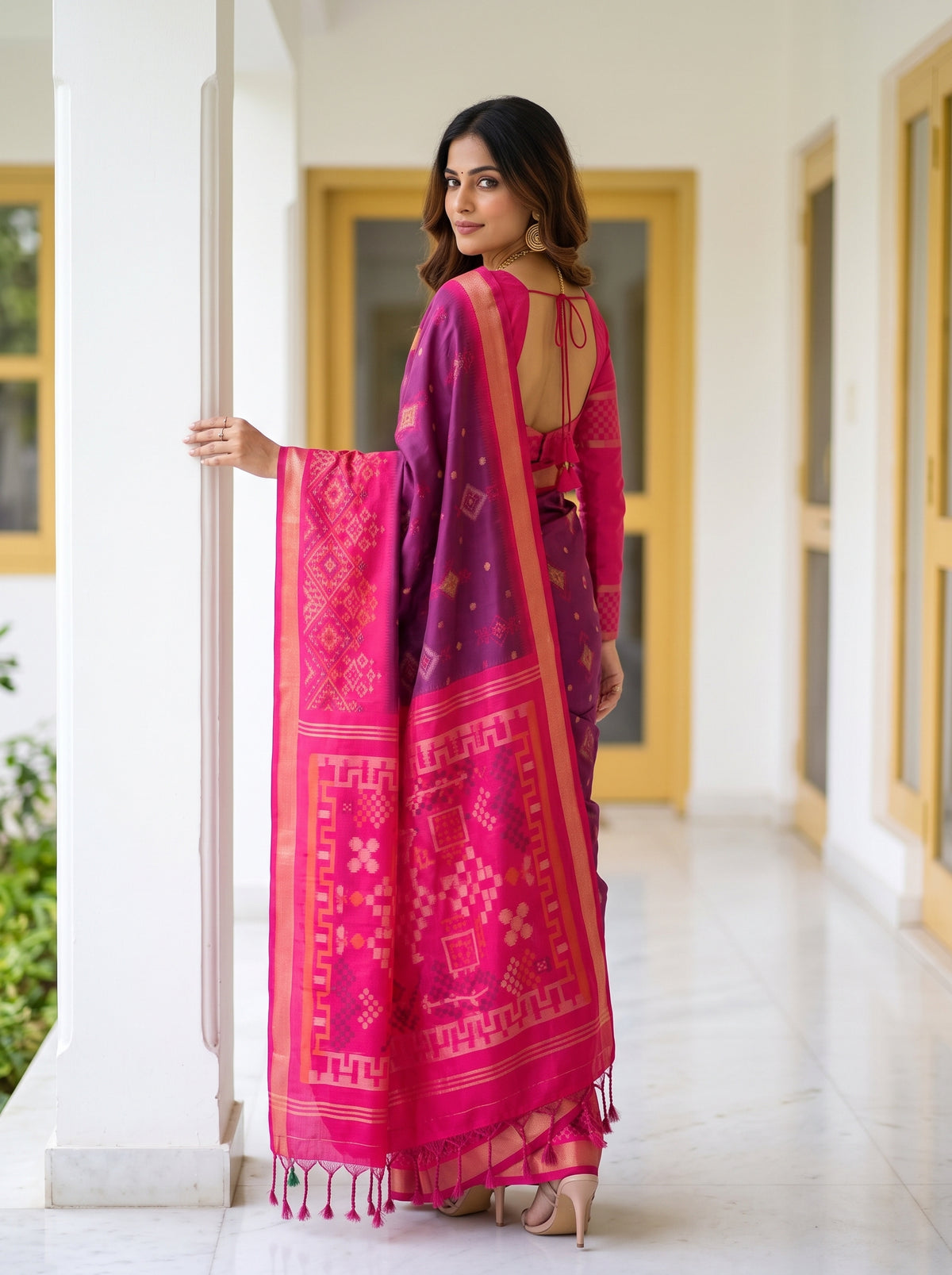 MIMOSA Wine Pochampally Saree — pose 7 styling detail