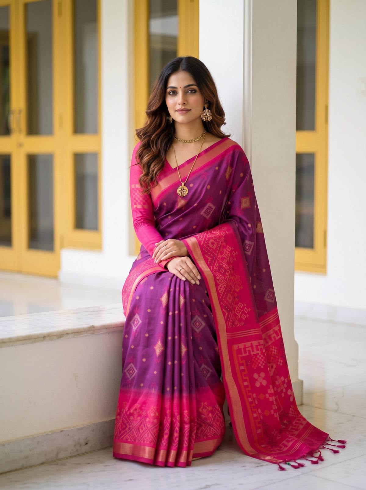 MIMOSA Wine Pochampally Saree — pose 8 styling detail