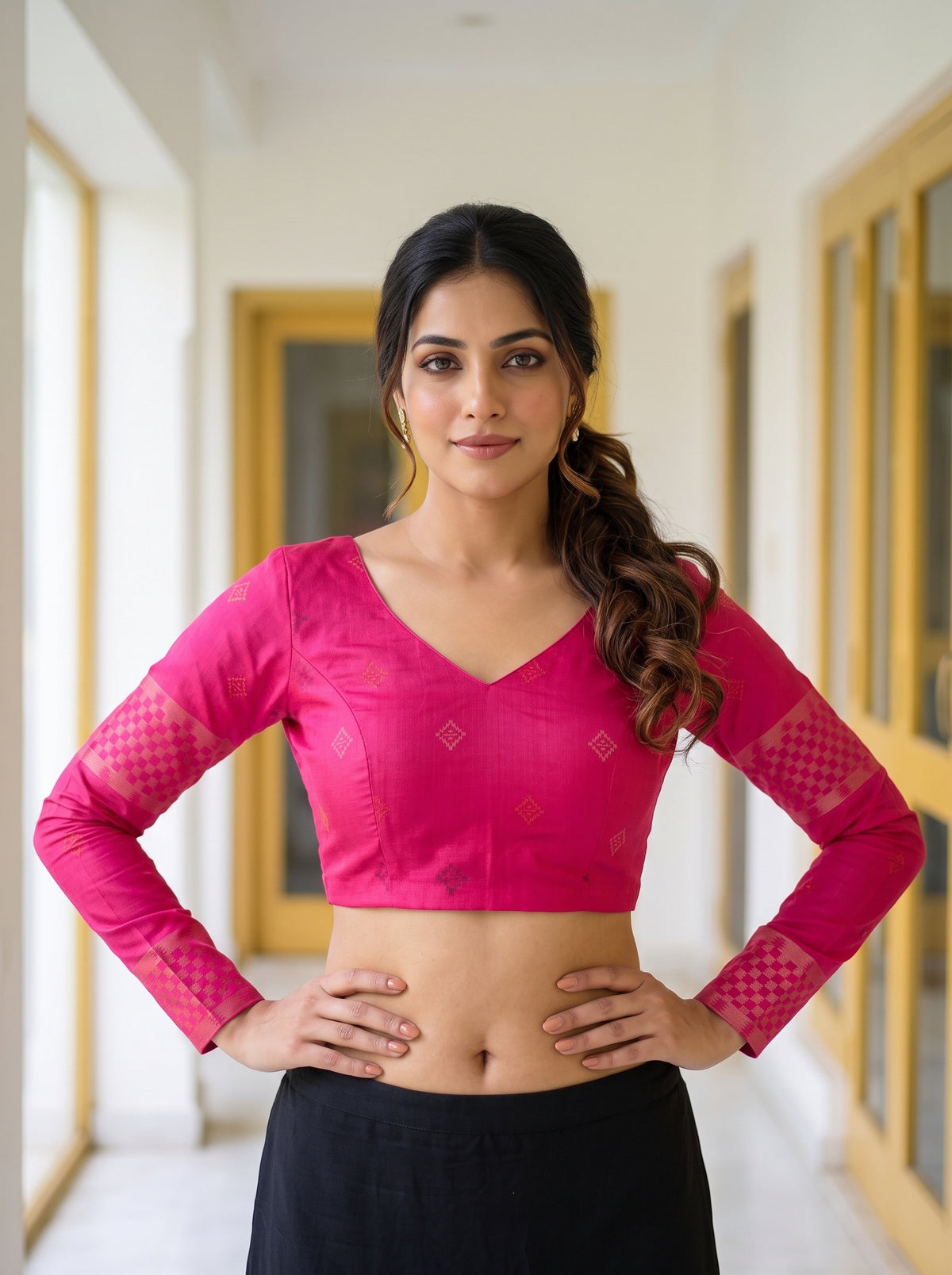 MIMOSA Wine Pochampally Saree — blouse close-up