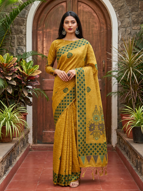 MIMOSA Gold Banarasi Cotton Saree — AI Model lifestyle pose 1