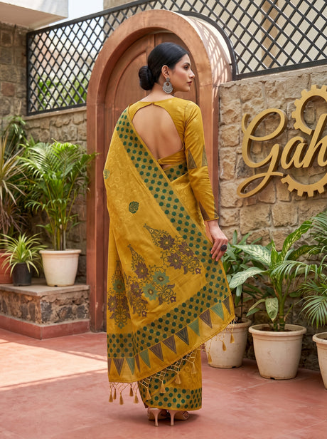 MIMOSA Gold Banarasi Cotton Saree — saree shot pallu body