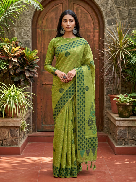 MIMOSA Olive Banarasi Cotton Saree — AI Model lifestyle pose 1