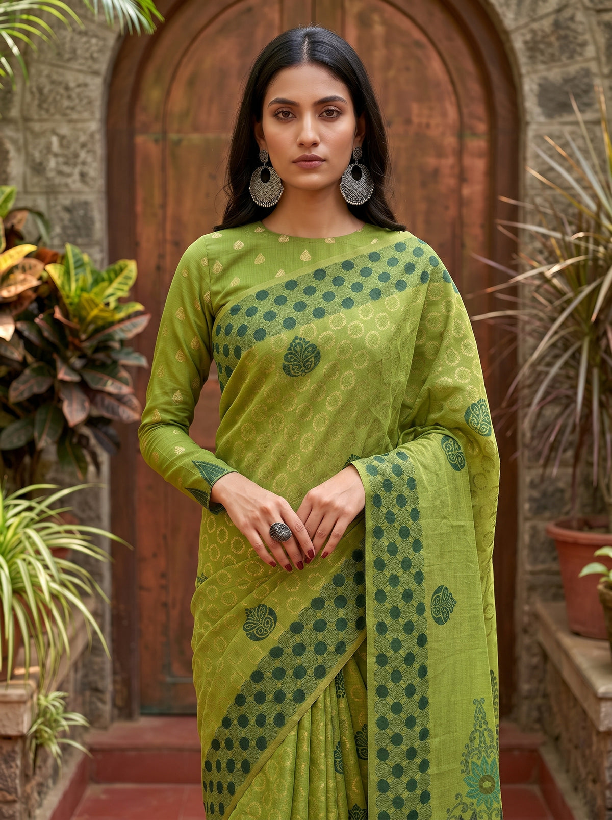 MIMOSA Olive Banarasi Cotton Saree — pose 10 styling detail