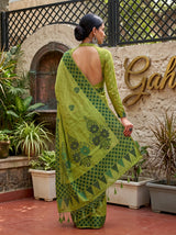MIMOSA Olive Banarasi Cotton Saree — saree shot pallu body