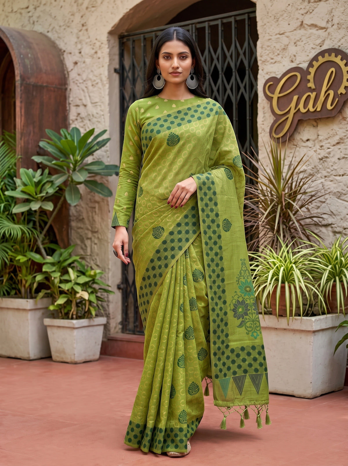 MIMOSA Olive Banarasi Cotton Saree — pose 6 styling detail