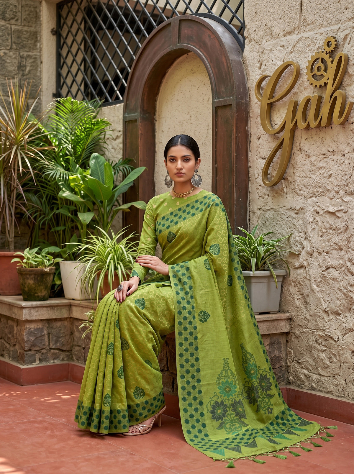 MIMOSA Olive Banarasi Cotton Saree — pose 8 styling detail