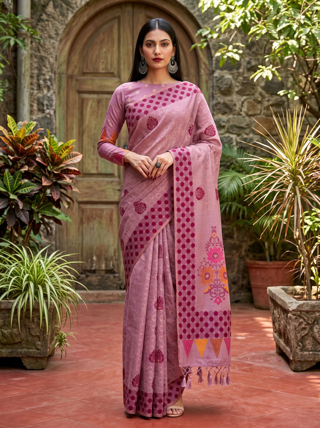 MIMOSA Pink Banarasi Cotton Saree — AI Model lifestyle pose 1