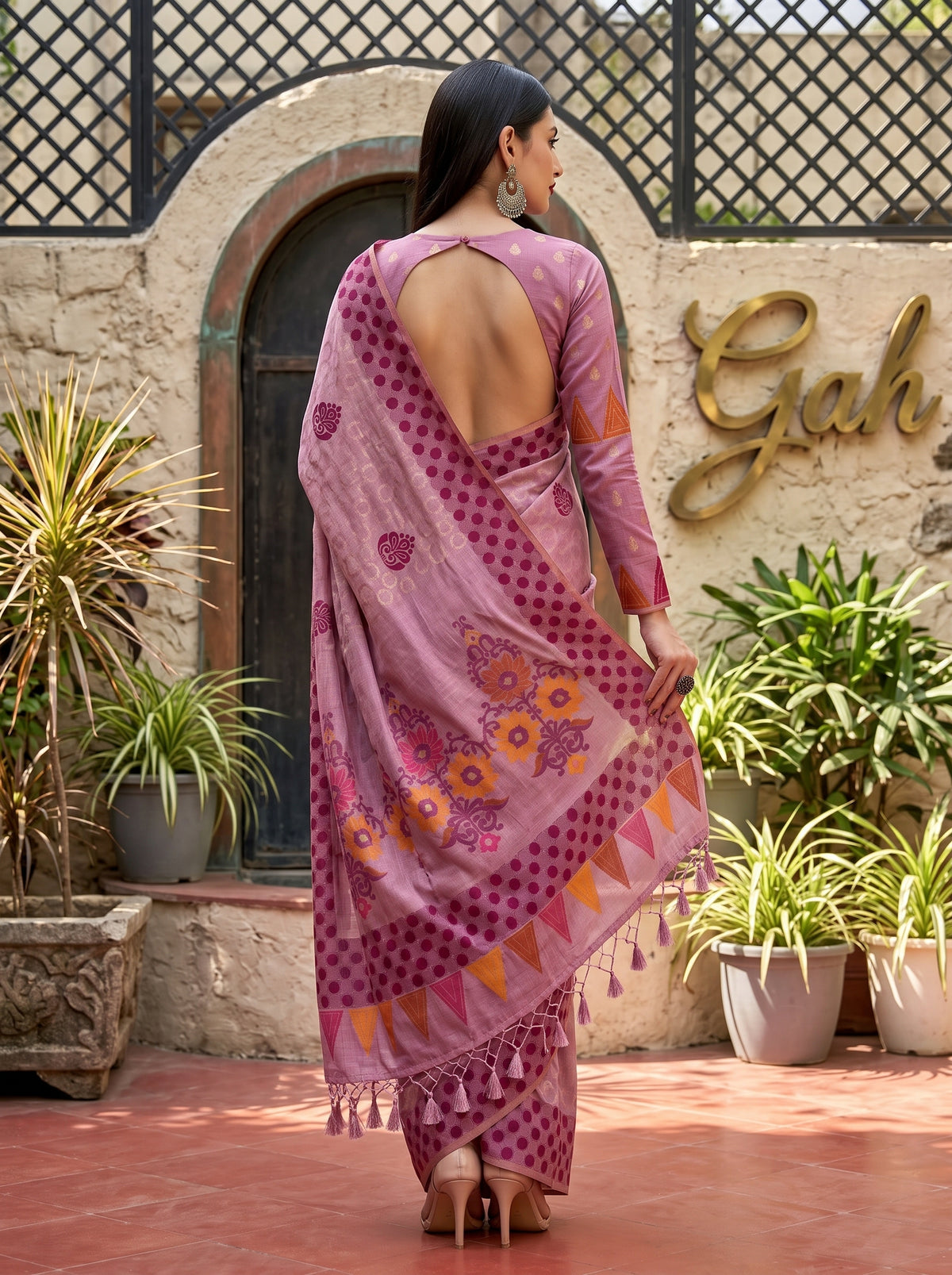 MIMOSA Pink Banarasi Cotton Saree — saree shot pallu body