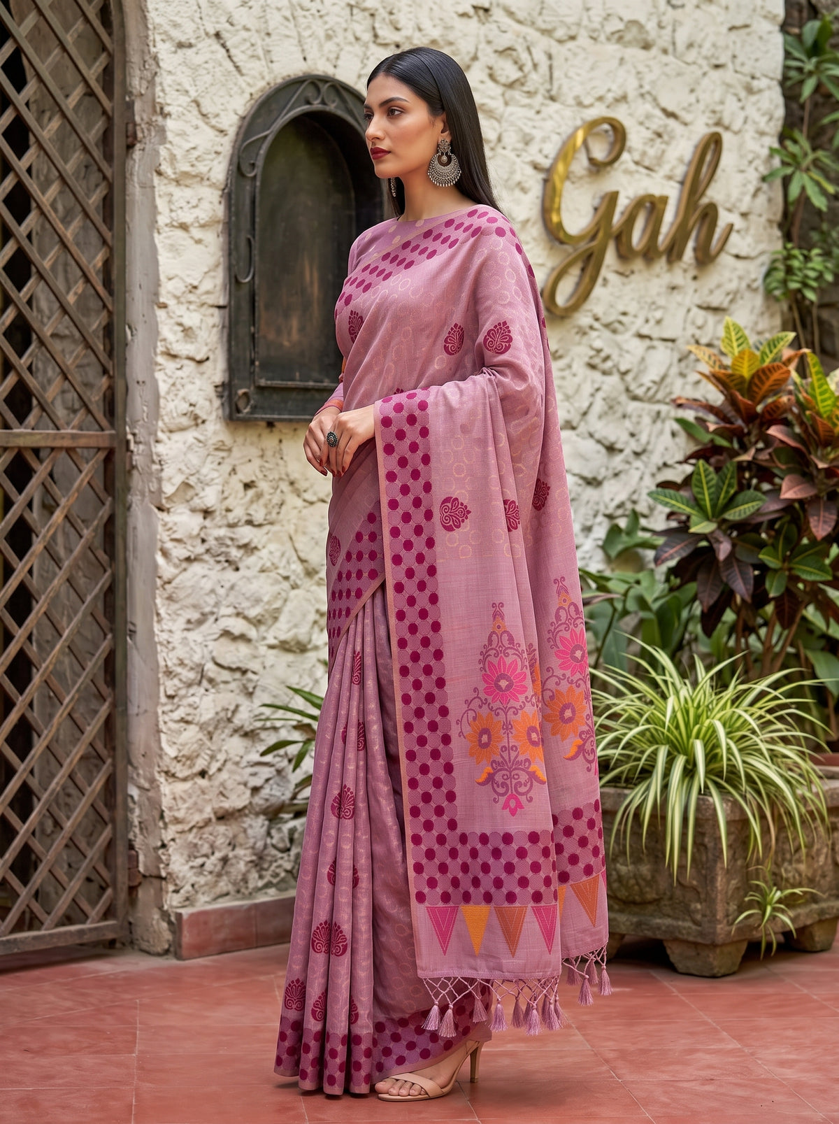 MIMOSA Pink Banarasi Cotton Saree — pose 3 styling detail