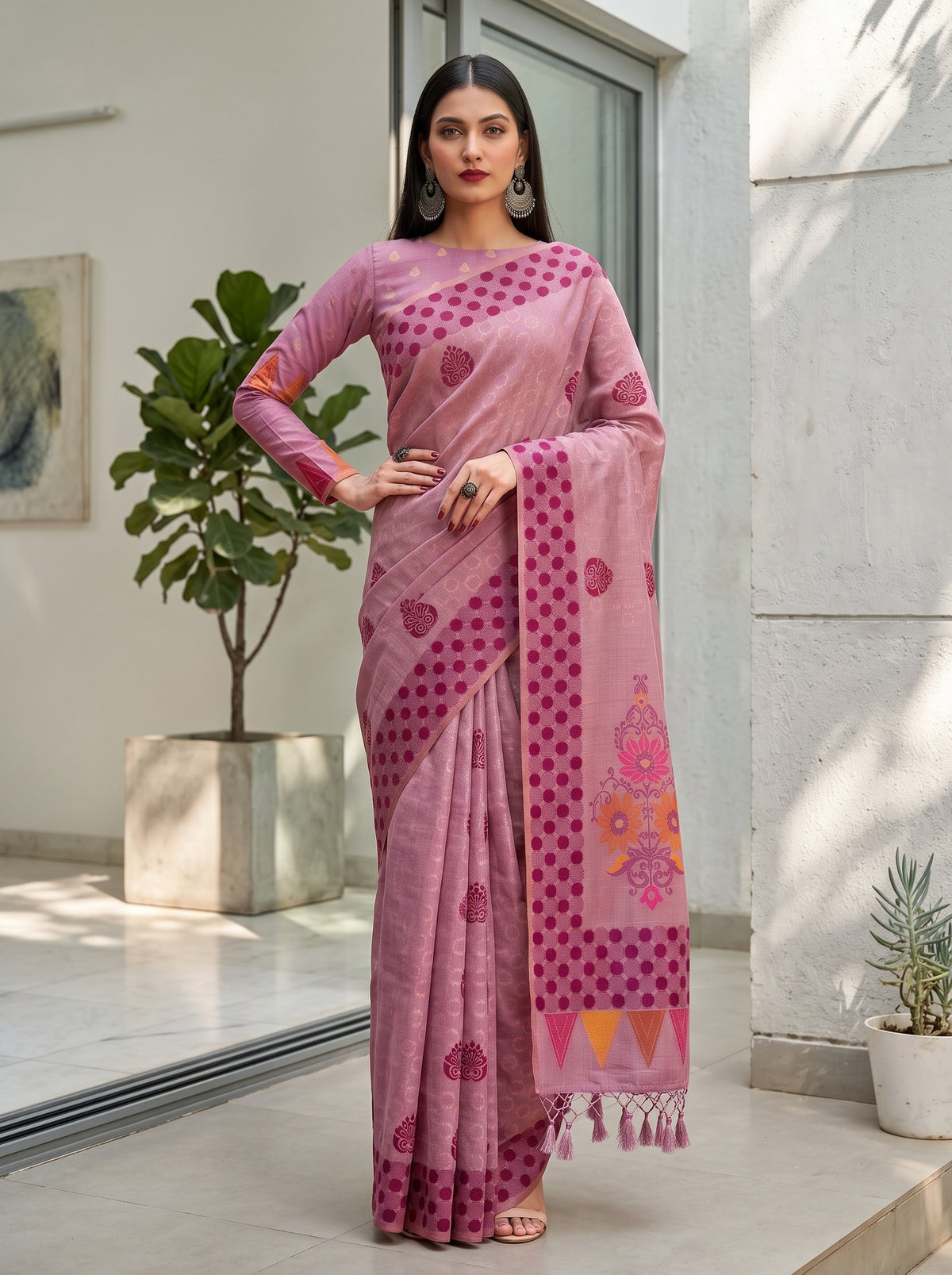MIMOSA Pink Banarasi Cotton Saree — pose 4 styling detail
