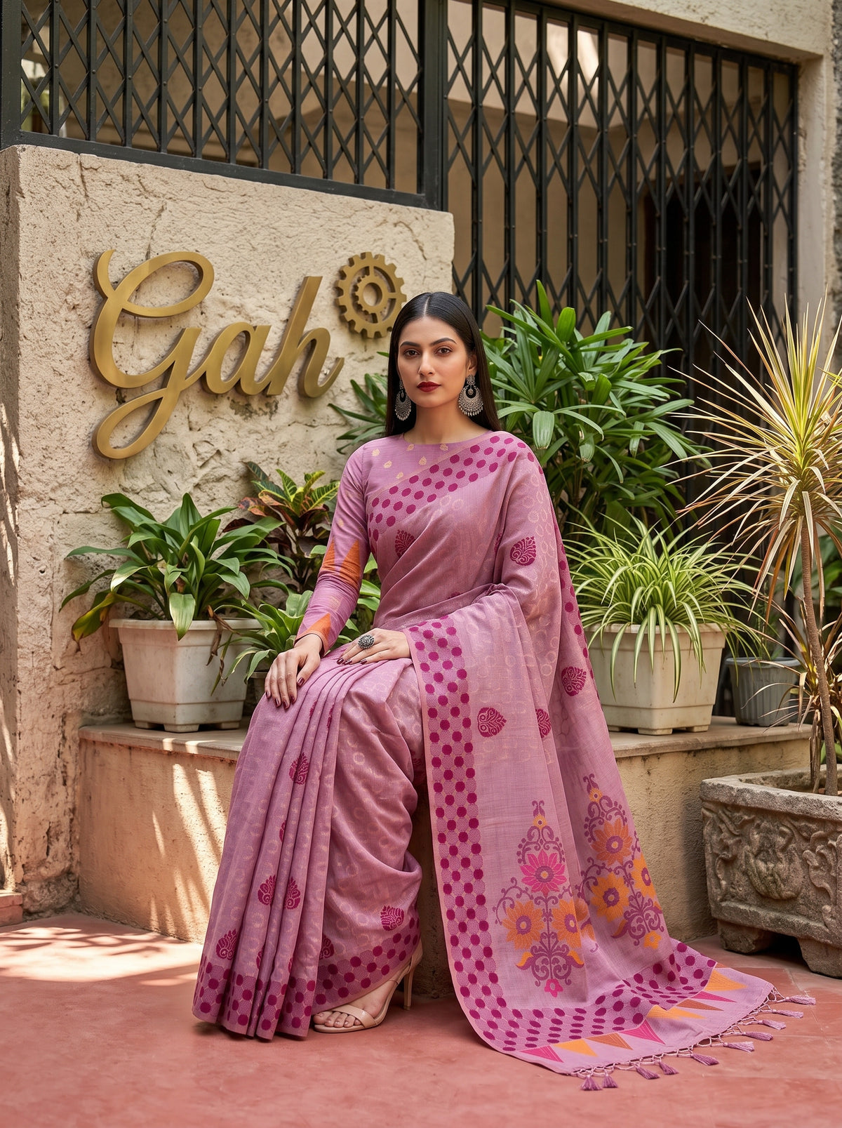MIMOSA Pink Banarasi Cotton Saree — pose 8 styling detail