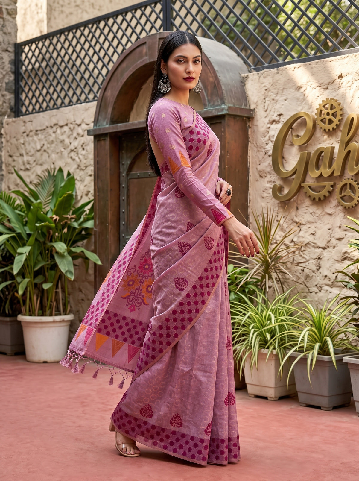 MIMOSA Pink Banarasi Cotton Saree — pose 9 styling detail