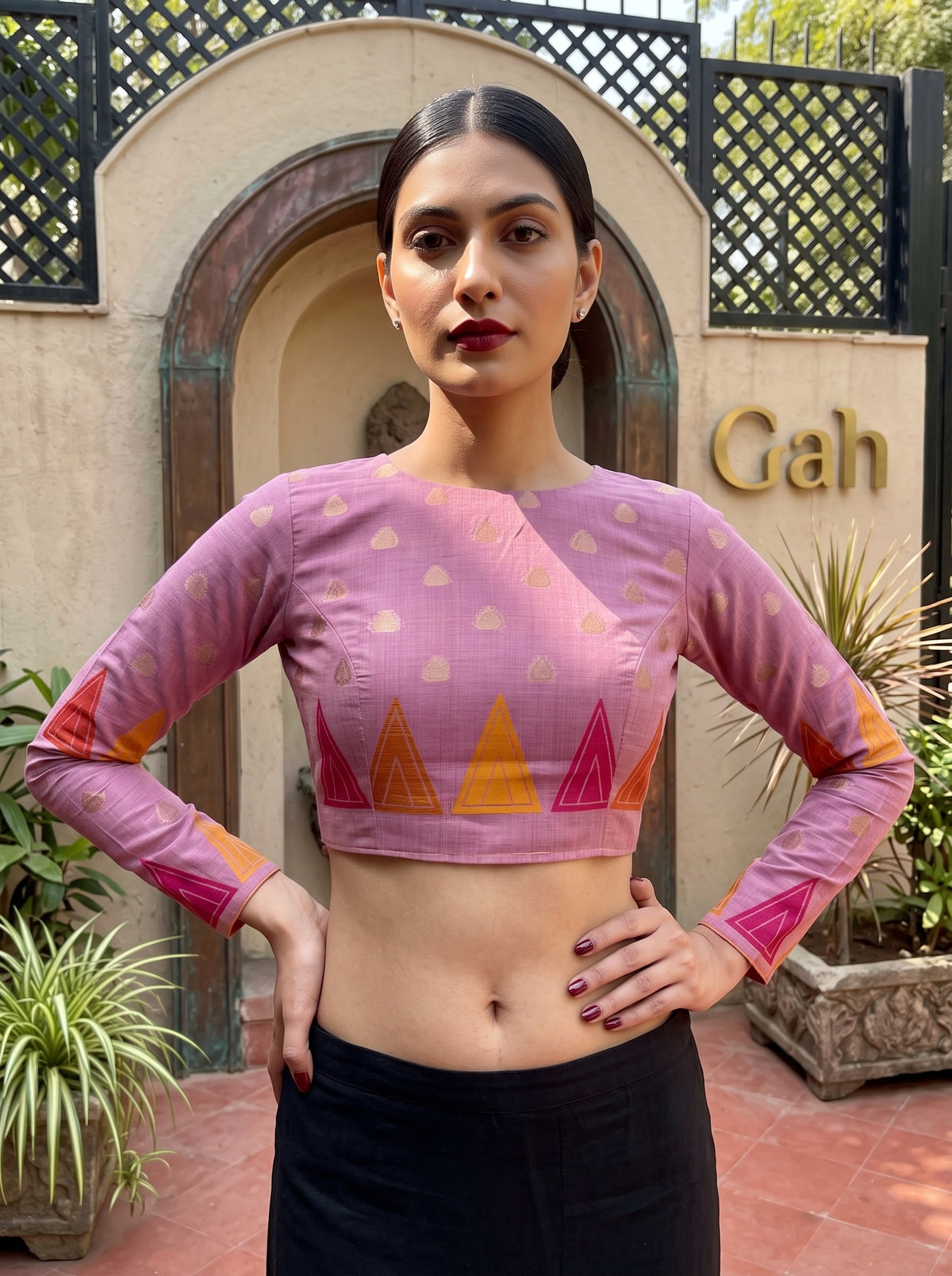 MIMOSA Pink Banarasi Cotton Saree — blouse close-up