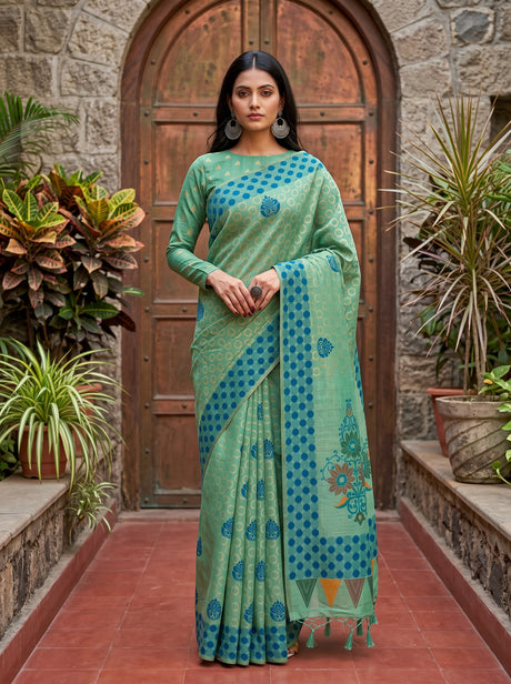 MIMOSA Rama Banarasi Cotton Saree — AI Model lifestyle pose 1